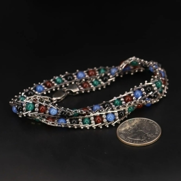 Sterling silver Milor, multicolor glass bead 17" Riccio Chain Necklace 27g. - Picture 6 of 6